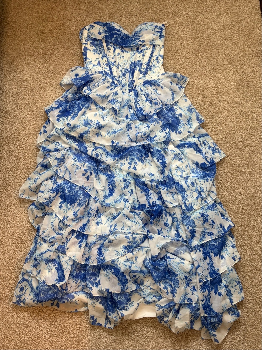 Blue & White Floral Ruffle Prom Dress